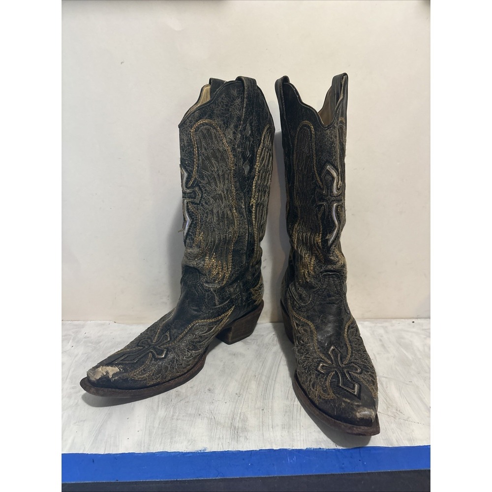 Corral Angel Wing Boots Women Size 9.5 Black Gold Cross West Boots WORN